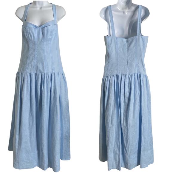 Nicholas Makenna Pleated Drop Waist Corset Linen Midi Dress Sky 12 - Picture 2 of 8